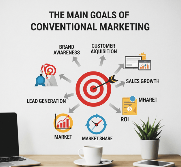 The main goals of conventional marketing are Introducing and reinforcing a brand to the public through traditional channels like TV, radio, newspapers, and billboards.
